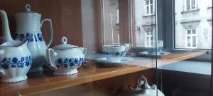 普热梅希尔Center Apartment的架子上摆满了蓝白色的花瓶和盘子
