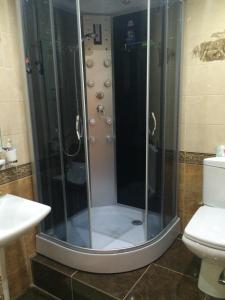 a shower in a bathroom with a sink and a toilet at Petrovsk Hotel in Makhachkala