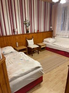 a room with two beds and two chairs in it at Donatsgasse18 in Freiberg