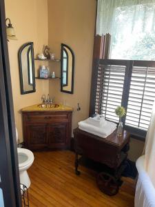 La salle de bains est pourvue d'un lavabo, de toilettes et d'une table. dans l'établissement Awakenings Inn, à Montague