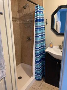 a bathroom with a shower and a sink at Awakenings Inn in Montague