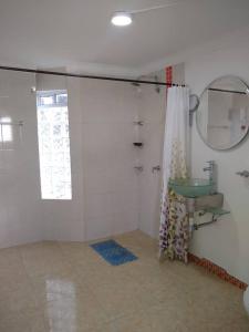 a bathroom with a green sink and a mirror at Tucurinca in Santa Marta