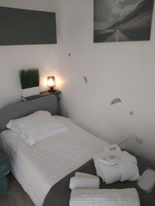 sypialnia z łóżkiem i ręcznikami w obiekcie hauts des 2 lions -studio w mieście Joué-lés-Tours