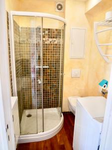 een badkamer met een douche, een toilet en een wastafel bij La Caravelle Vue Mer et Wifi in Le Lavandou