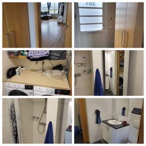 a collage of pictures of a bathroom with a refrigerator at Reynidalur apartments in Njarðvík