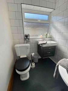 a bathroom with a toilet and a sink and a window at Ty Gwyn in Prestatyn