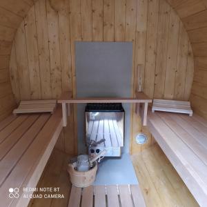 an overhead view of a room in a wooden cabin at Apartment "Stine" in Erpen