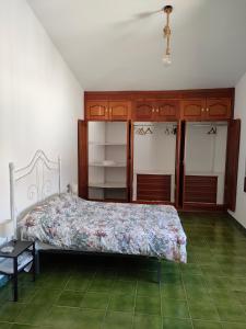 1 dormitorio con 1 cama y armarios de madera en Apartamento Pozo Concejo, en Alburquerque