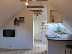 an attic kitchen with a sink and a tv at Guesthouse on the footstep of Mount Ulriken in Bergen