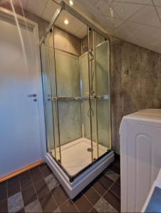 a shower with a glass door in a bathroom at Guesthouse on the footstep of Mount Ulriken in Bergen