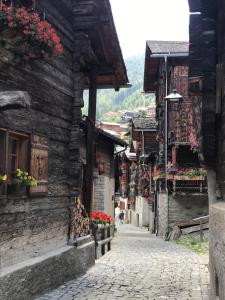 un callejón en un pueblo con flores en los edificios en Super studio à Grimentz, en Grimentz