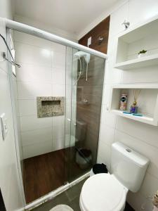 帕蘇迪托雷斯的住宿－Sobrados Molhes，一间带卫生间和玻璃淋浴间的浴室
