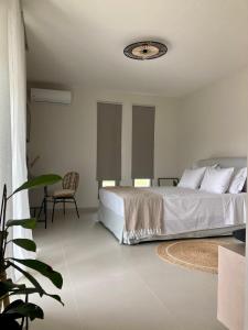 um quarto com uma cama, uma mesa e uma cadeira em Pnoe Eco Residences em Amaliás