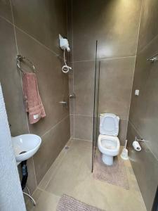 La salle de bains est pourvue d'une douche, de toilettes et d'un lavabo. dans l'établissement Casa com piscina e área gourmet com churrasqueira integrada, à Maringá