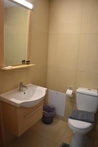 een badkamer met een wastafel, een toilet en een spiegel bij Hotel Ritsa in Kamena Vourla