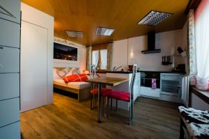 a kitchen and living room with a table and a couch at Neues ruhiges Studio im Naherholungsgebiet, ruhige Zimmer im grünen in Sigigen