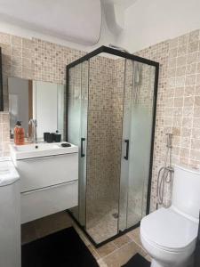a bathroom with a shower and a toilet and a sink at Cosy Apartment In paris in Saint-Ouen