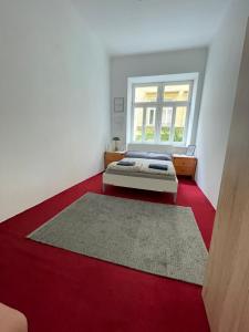 a bedroom with a bed and a red carpet at Volkstheater Apartment. in Vienna