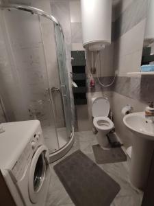 W łazience znajduje się prysznic, toaleta i umywalka. w obiekcie Apartament confortabil w Kiszyniowie
