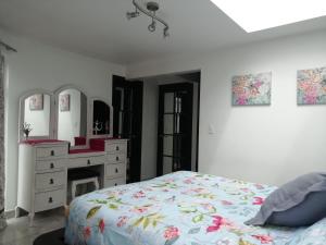 ein Schlafzimmer mit einem Bett, einem Waschtisch und einem Waschbecken in der Unterkunft Totonaca - Seguridad, 10min de Centros Comerciales & Zona Esmeralda - Empresas bienvenidas in Mexiko-Stadt