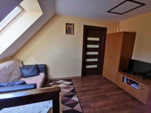 ein Wohnzimmer mit einem Sofa und einem TV in der Unterkunft U Romaniuków in Werstok