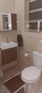 La salle de bains est pourvue de toilettes blanches et d'un lavabo. dans l'établissement Apartamento confortável, à Rio de Janeiro
