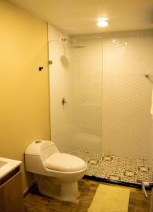 La salle de bains est pourvue de toilettes et d'une douche en verre. dans l'établissement Apartamento nuevo en Cali, à Cali
