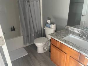 布盧明頓的住宿－Beautiful 3 BR Townhome - Recently Updated!，浴室配有卫生间、盥洗盆和淋浴。