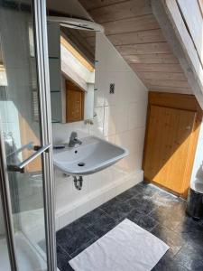 a bathroom with a sink and a mirror and a shower at Sonnige Ferienwohnung Maja in Heroldsberg