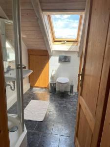 een badkamer met een toilet, een wastafel en een raam bij Sonnige Ferienwohnung Maja in Heroldsberg