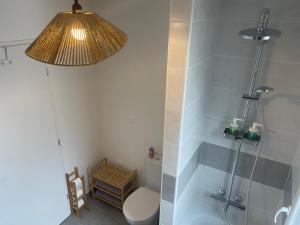a bathroom with a shower and a toilet and a lamp at Villa des Cerisiers in Saint-Nazaire