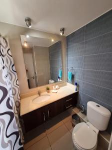 ein Badezimmer mit einem Waschbecken, einem WC und einem Spiegel in der Unterkunft Santiago Moneda Suites in Santiago