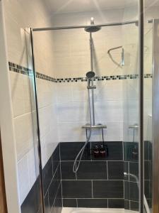 ein Badezimmer mit Dusche mit Glastür in der Unterkunft DisneylandParis Cosy indépendance in Chalifert