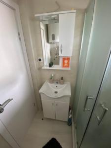 La petite salle de bains est pourvue d'un lavabo et d'un miroir. dans l'établissement Apartman Una, à Čačak