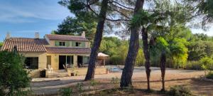 ein gelbes Haus mit Bäumen davor in der Unterkunft Proche d'Aix en Provence chambre chez l'habitant in Éguilles