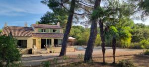 una casa gialla con alberi di fronte di Chambre d'hôte BB proche d'Aix en Provence a Éguilles