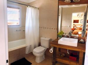 a bathroom with a toilet and a sink and a mirror at Estancia La Estela in Lago Viedma