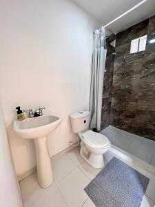 y baño con aseo, lavabo y ducha. en Ecohotel Sereni Norcasia, en Samaná