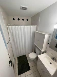 a small bathroom with a toilet and a sink at Cute ranch house, less than 1 mile to downtown and skidmore. 2 miles to the track and SPAC in Saratoga Springs