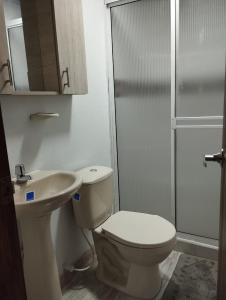 a bathroom with a toilet and a sink and a shower at Mi casa tu casa in Santa Rosa de Cabal