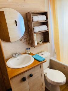 a bathroom with a sink and a toilet and a mirror at Hostal Sirena in Pichilemu