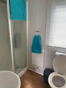 W łazience znajduje się prysznic oraz toaleta z niebieskim ręcznikiem. w obiekcie 6 berth caravan Cherry tree holiday park Great yarmouth w mieście Belton