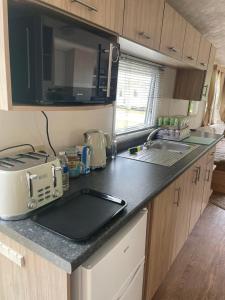 a kitchen with a counter with a toaster and a sink at 6 berth caravan Cherry tree holiday park Great yarmouth in Belton