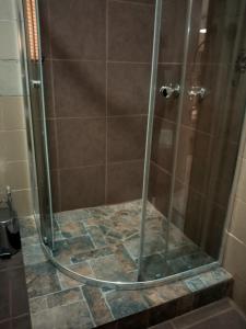 a shower with a glass door on a tiled floor at Rubyred Cottage in Bloemfontein