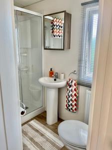 a bathroom with a sink and a shower and a toilet at The Ascot by North Shacks in Slaley