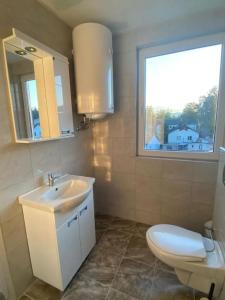 uma casa de banho com um lavatório, um WC e uma janela. em Apartmani Centar em Sjenica