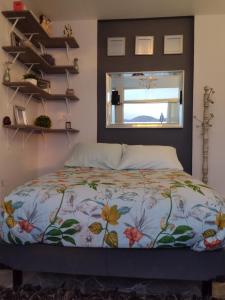 ein Schlafzimmer mit einem Bett, einem Fenster und Regalen in der Unterkunft Casa Cielito Lindo - Seguridad, 10min de Centros Comerciales & Zona Esmeralda - Empresas bienvenidas in Mexiko-Stadt