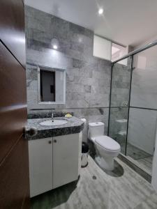 La Molina的住宿－Departamento estreno 2do piso，一间带卫生间、水槽和镜子的浴室