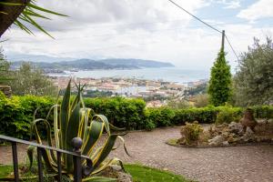 een tuin met uitzicht op het water bij Villa Le Palme Swimming-Pool & Relax in the Gulf of Poets in La Spezia