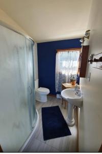 a bathroom with a shower and a sink and a toilet at Gîte Aux Jardins De L'Anse in Perce